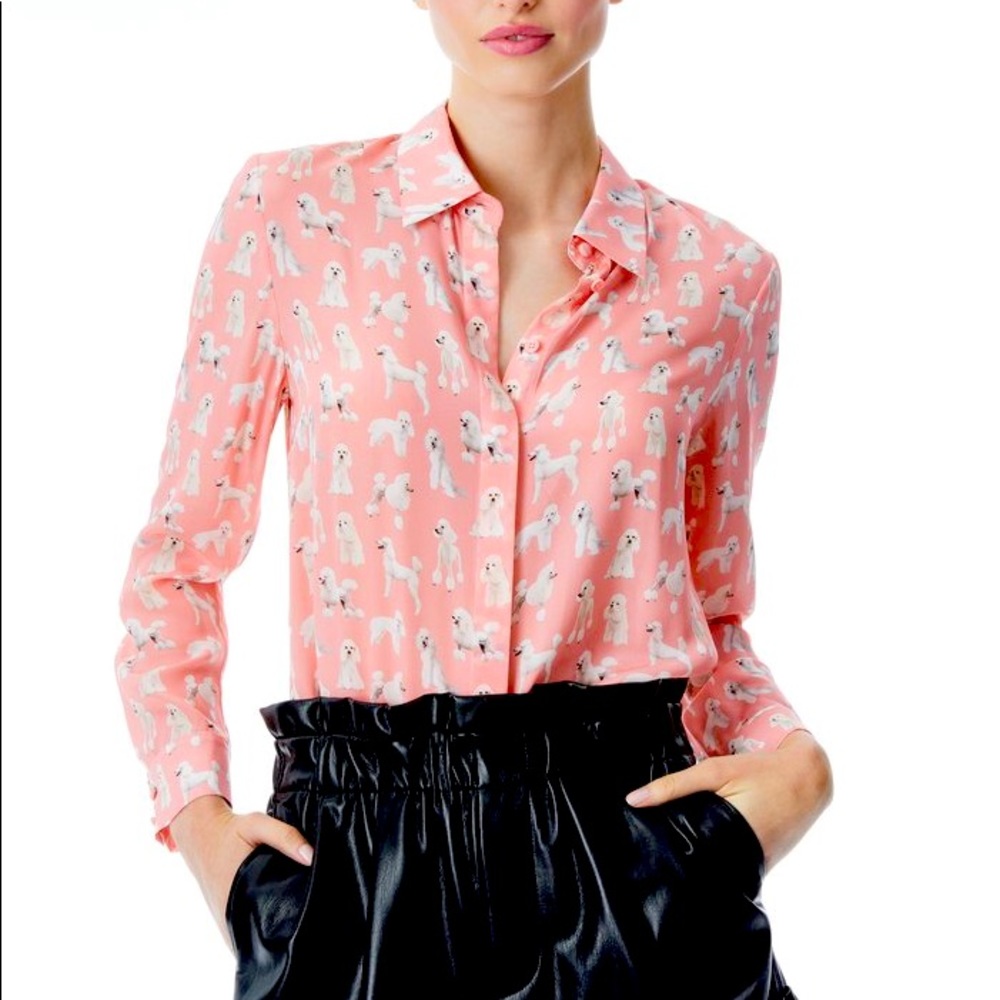 NWT Alice + Olivia Silk Willa Placket Top Button Down in Poodle Print